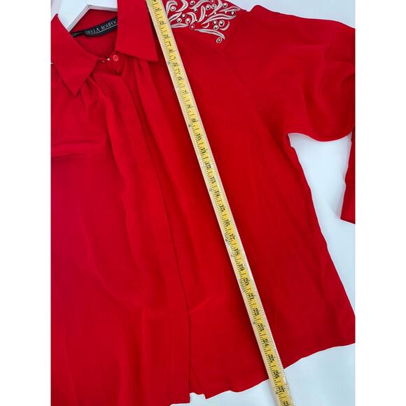Vintage Della Roufogali Button Up Womens 14 Red Silver Western Rhinestone Silk - Picture 15 of 16